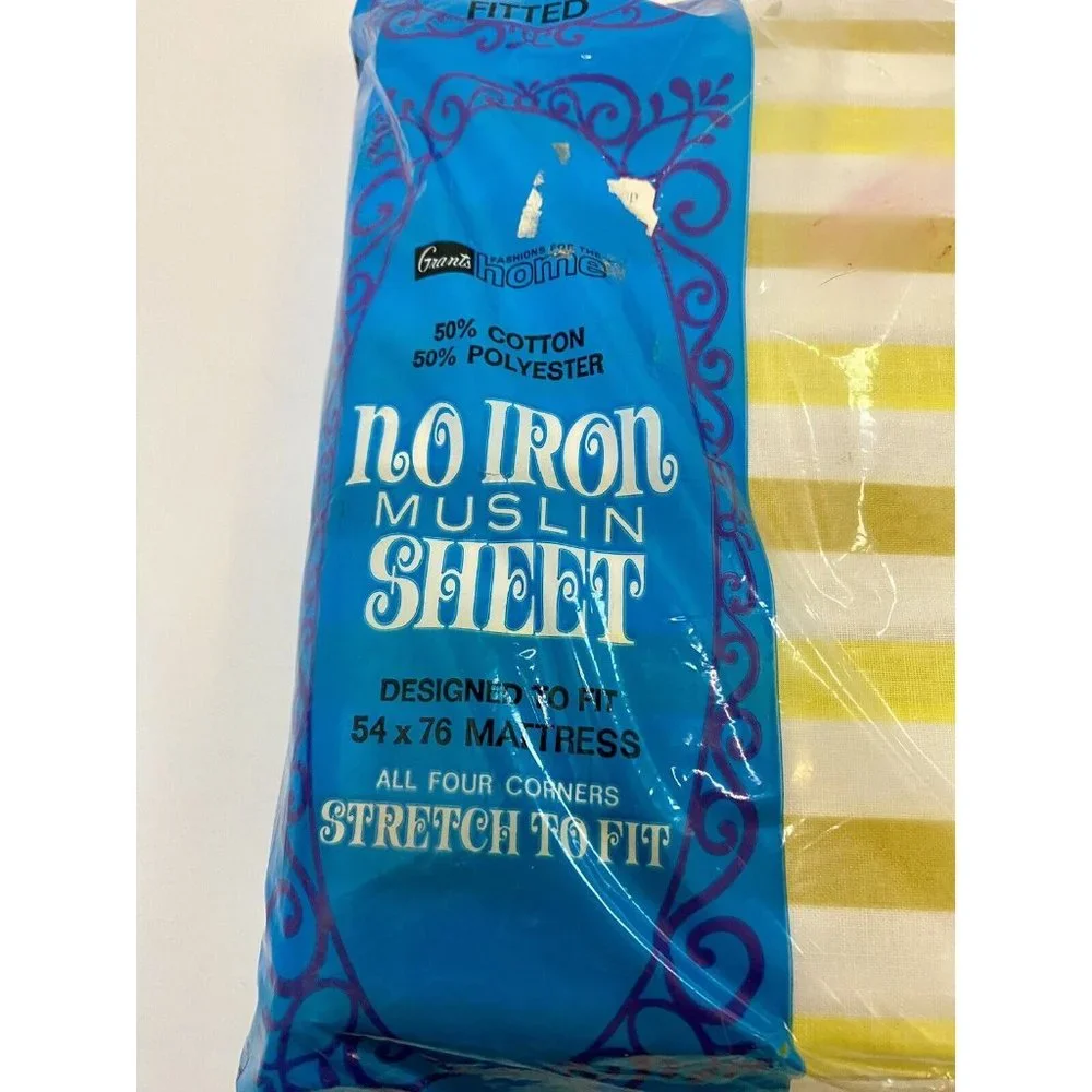 Grants No Iron Muslin Yellow Striped‎ Double Fitted Sheet & Standard Pillowcases